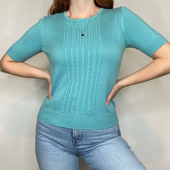 Vintage 90s/Y2K Small Cable Knit Teal Green/Blue Crewneck Sweater Tee Shirt - Picture 6 of 12